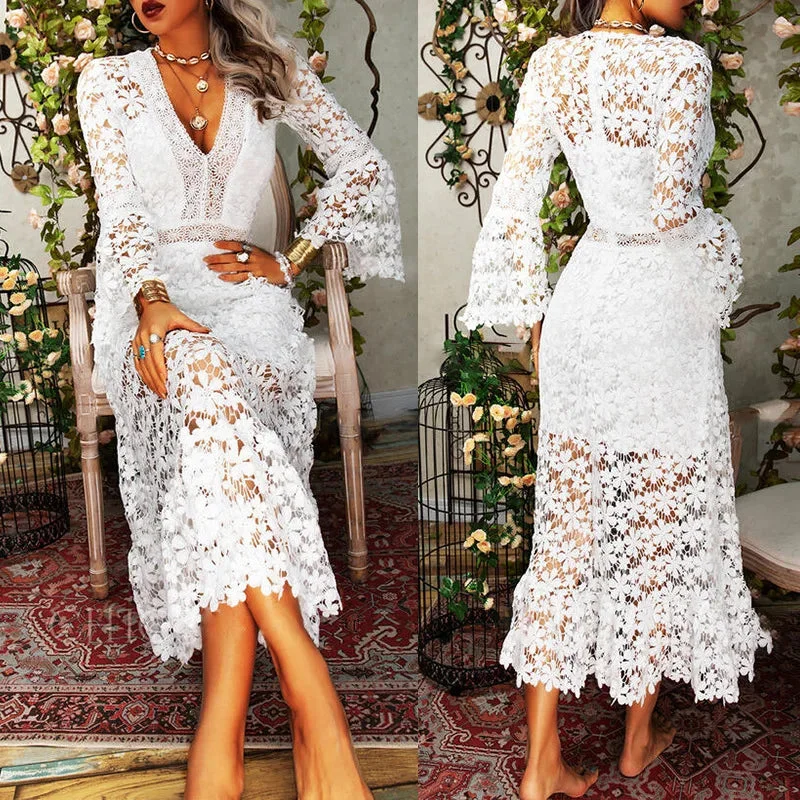 2023 Autumn hot style sexy see-through lace long-sleeved V-neck swing dress Elegant women's dress long skirt