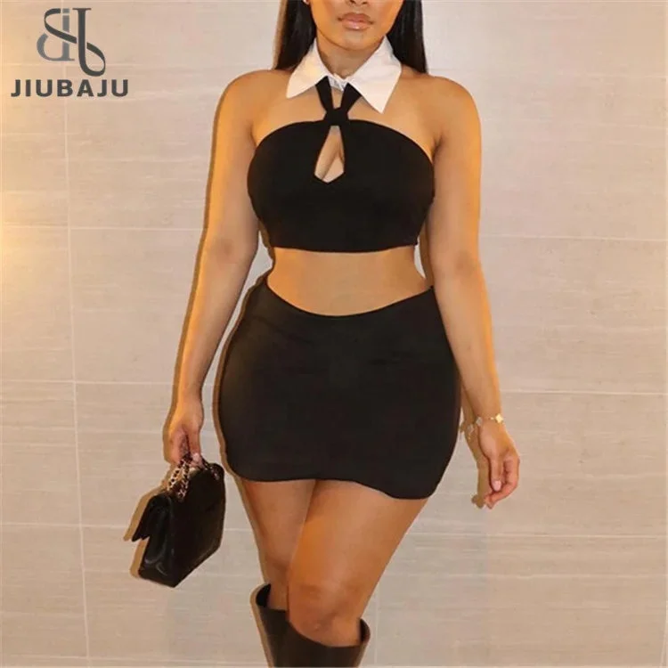 Halter Lapel 2 Piece Set Women Office Sexy Sleeveless Bare Midriff Tops+Solid Mini Skirts Slim Female Suit