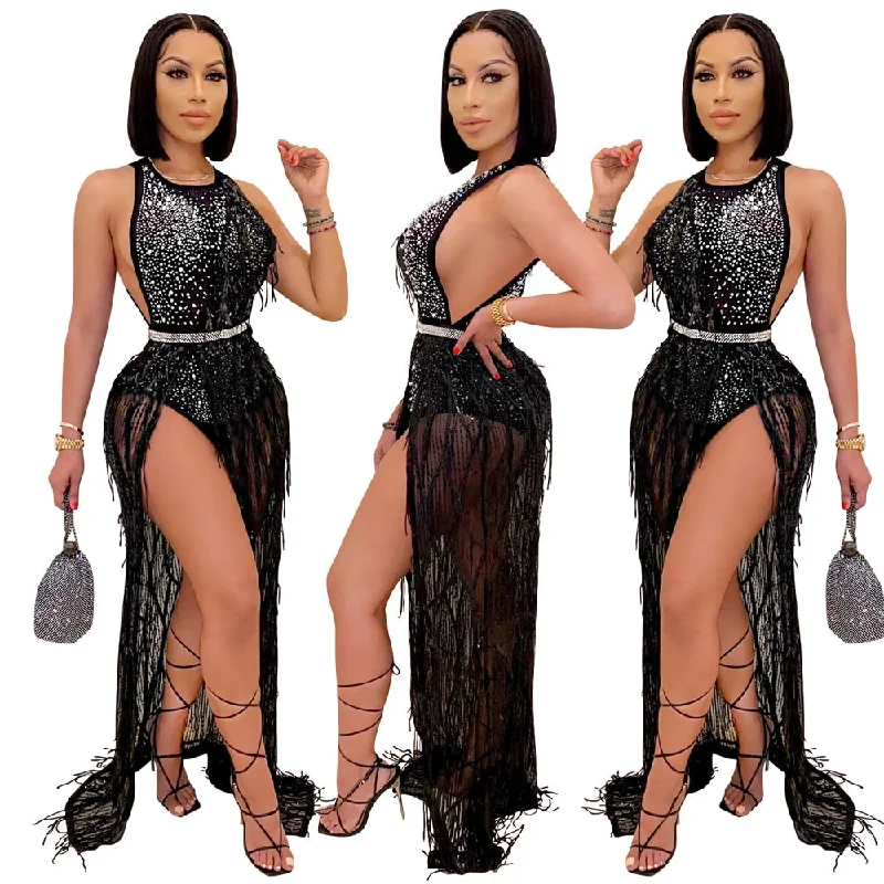 party wear hot rhinestone bodysuit and tassel skirt set women 2 piece fringed dress sexy clubwear