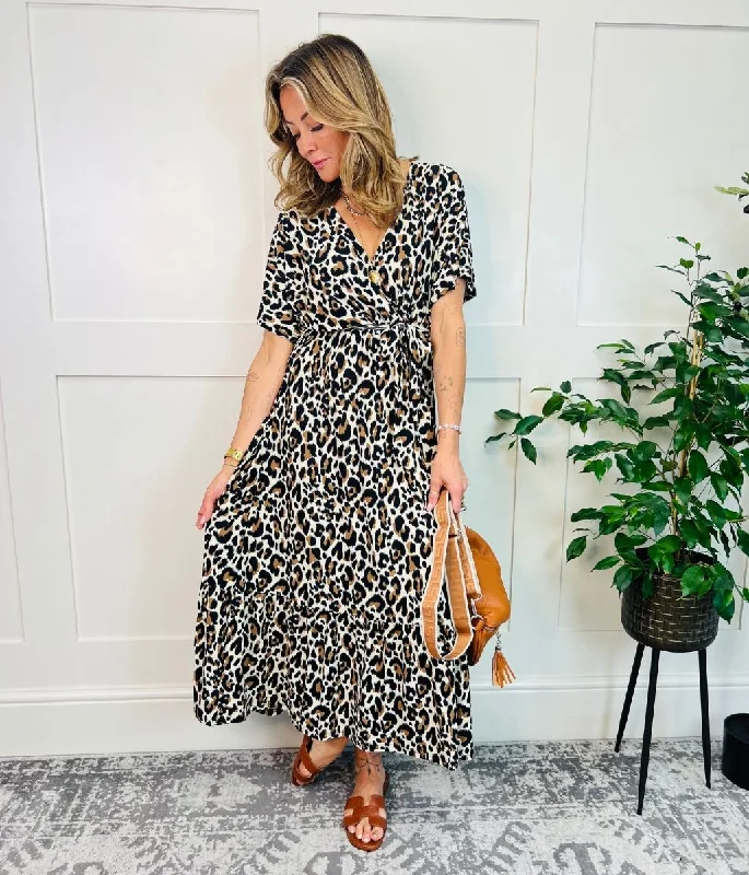 Animal Print Tassel Tie Midi Dress