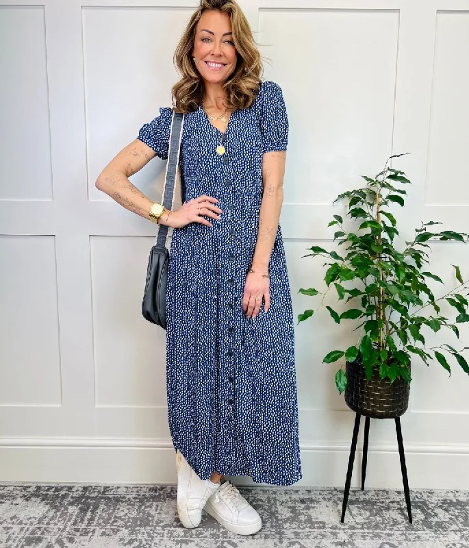 Blue Ditsy Spot Button Through Midi Dress