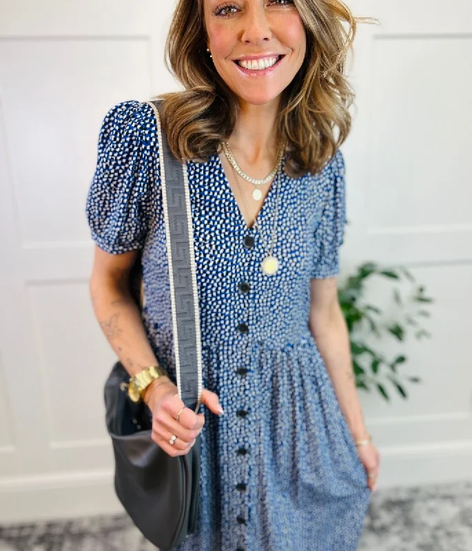 Blue Ditsy Spot Button Through Midi Dress