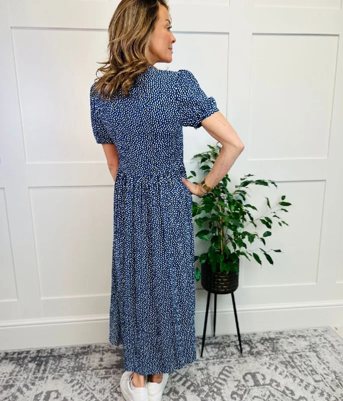 Blue Ditsy Spot Button Through Midi Dress