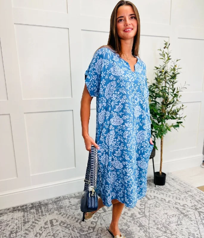 Blue Floral Linen Look Dress