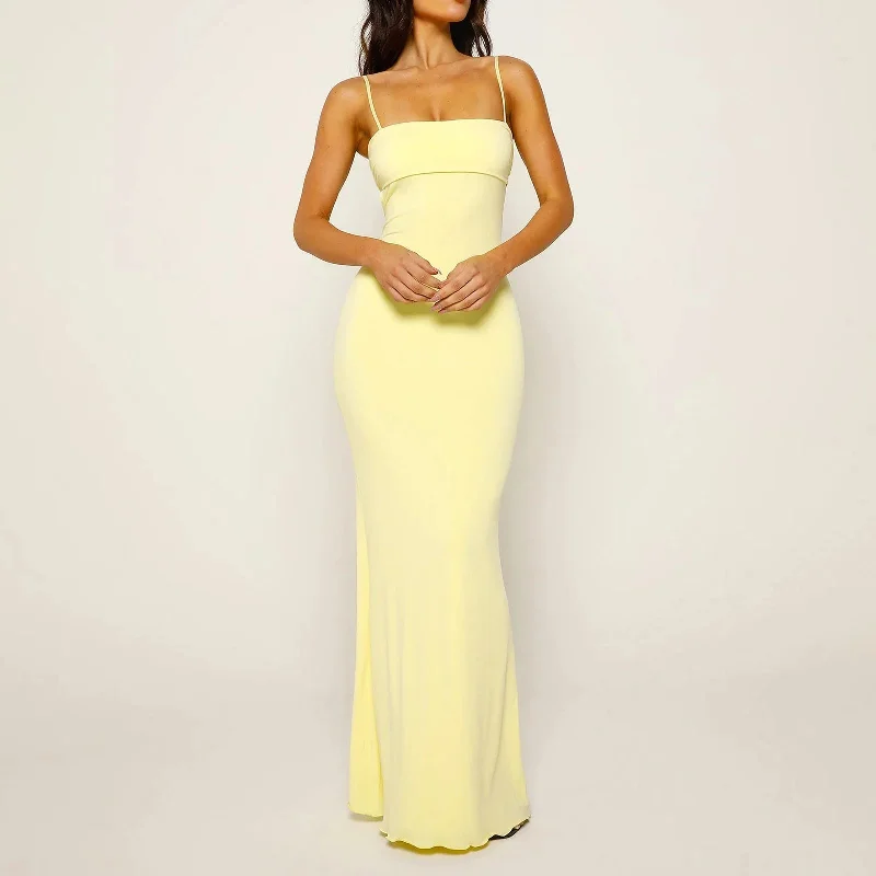 FashionSierra - Fit Square Neck Adjustable Spaghetti Strap Solid Color Maxi Dress