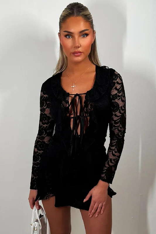 Lace Dress With Frill Tie Front Detail Black