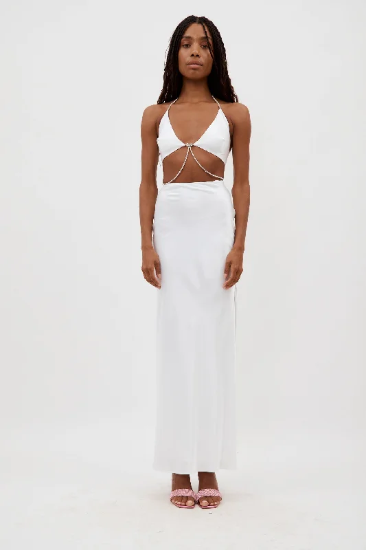 Nomi White Crystalline Wrap Halter Dress