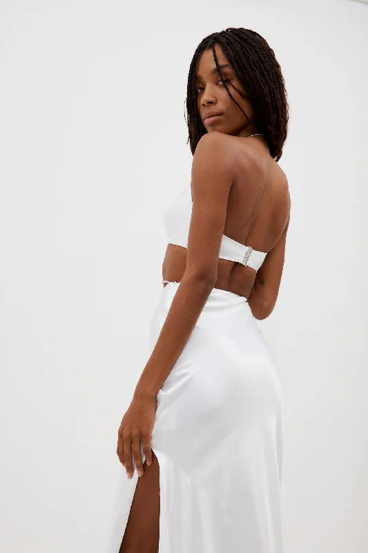 Nomi White Crystalline Wrap Halter Dress