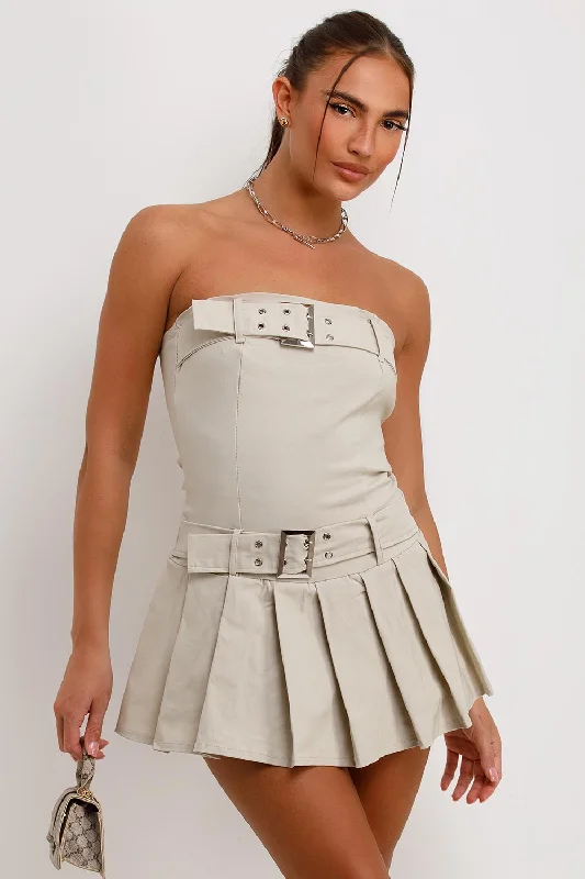 Pleated Skort Dress With Buckle Detail Beige