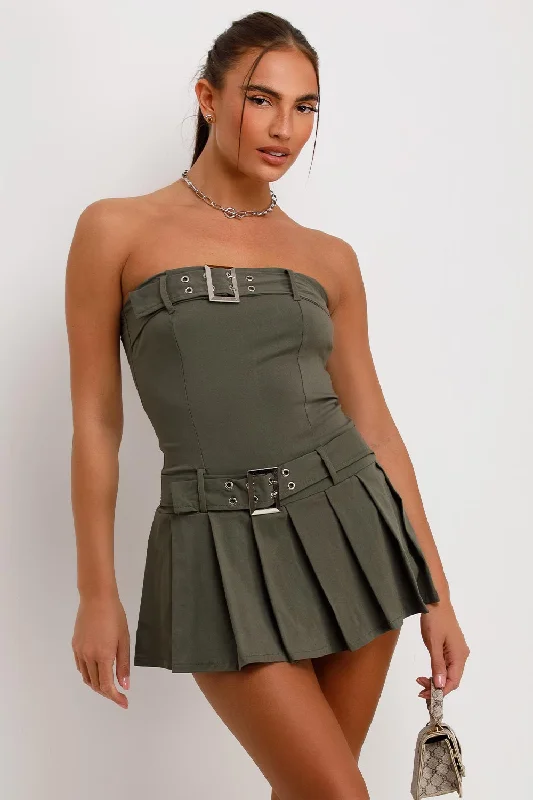 Pleated Skort Dress With Buckle Detail Khaki