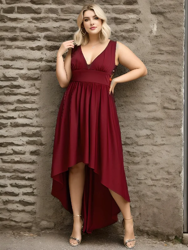 Plus High Low Deep V Neck Sleeveless Wholesale Bridesmaid Dresses