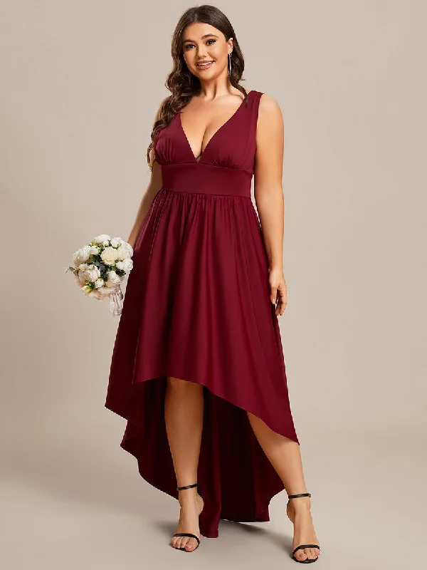 Plus High Low Deep V Neck Sleeveless Wholesale Bridesmaid Dresses