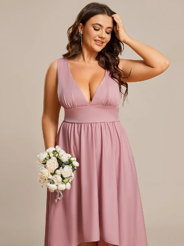 Plus High Low Deep V Neck Sleeveless Wholesale Bridesmaid Dresses