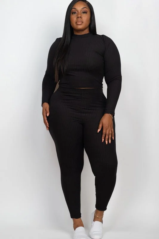 Hi Curvy Plus Ribbed Mock Neck Long Sleeve Top & Leggings Set