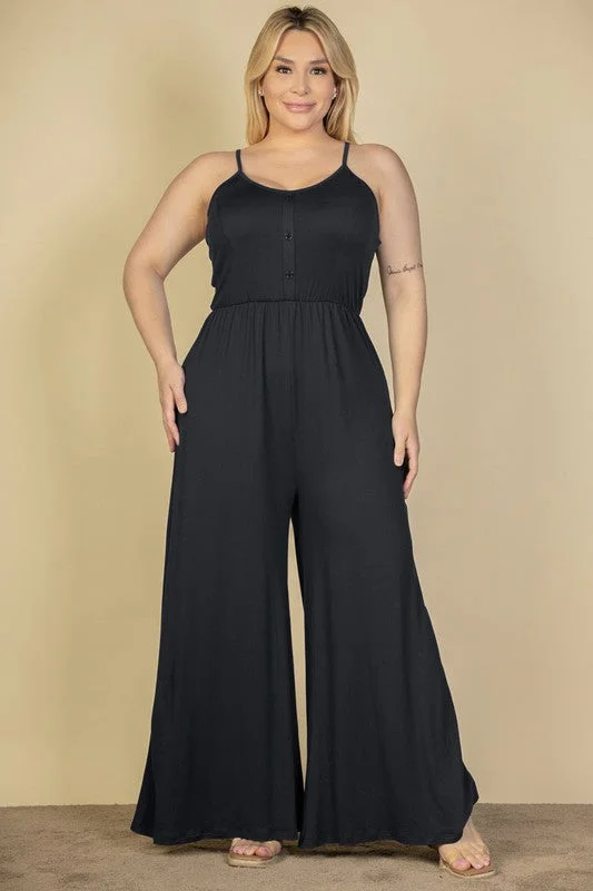 Hi Curvy Plus Size Women Button Front Wide Leg Jumpsuit