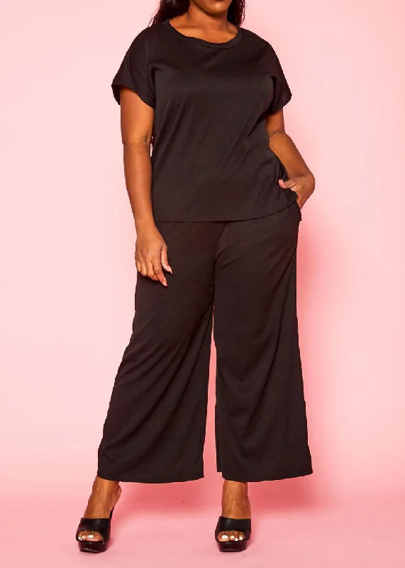 Hi Curvy Plus Size Casual T Shirt & Flare Pants Set With pockets