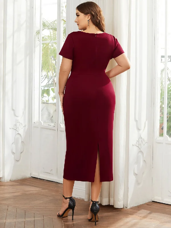 Plus Size Deep V Neck Short Sleeve Wholesale Cocktail Dresses With Belt