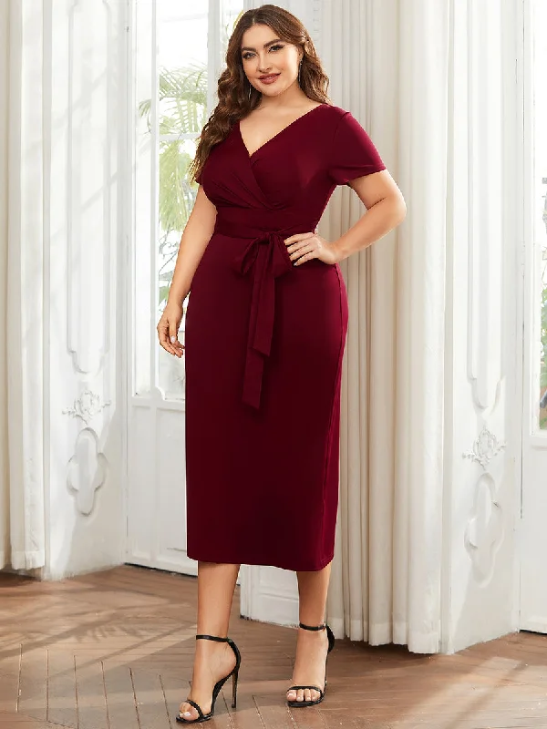 Plus Size Deep V Neck Short Sleeve Wholesale Cocktail Dresses With Belt