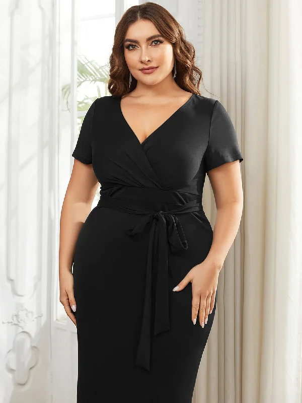 Plus Size Deep V Neck Short Sleeve Wholesale Cocktail Dresses With Belt