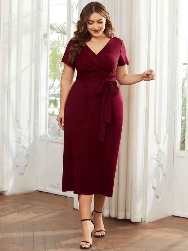 Plus Size Deep V Neck Short Sleeve Wholesale Cocktail Dresses With Belt