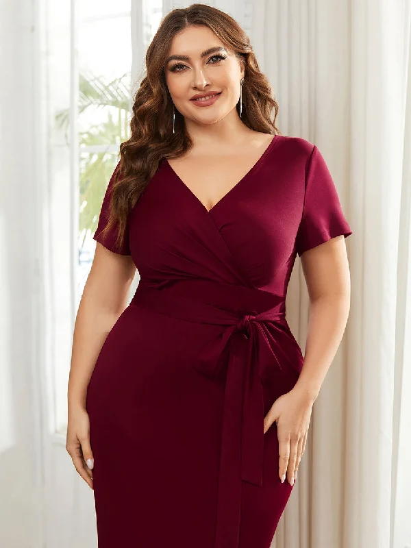 Plus Size Deep V Neck Short Sleeve Wholesale Cocktail Dresses With Belt