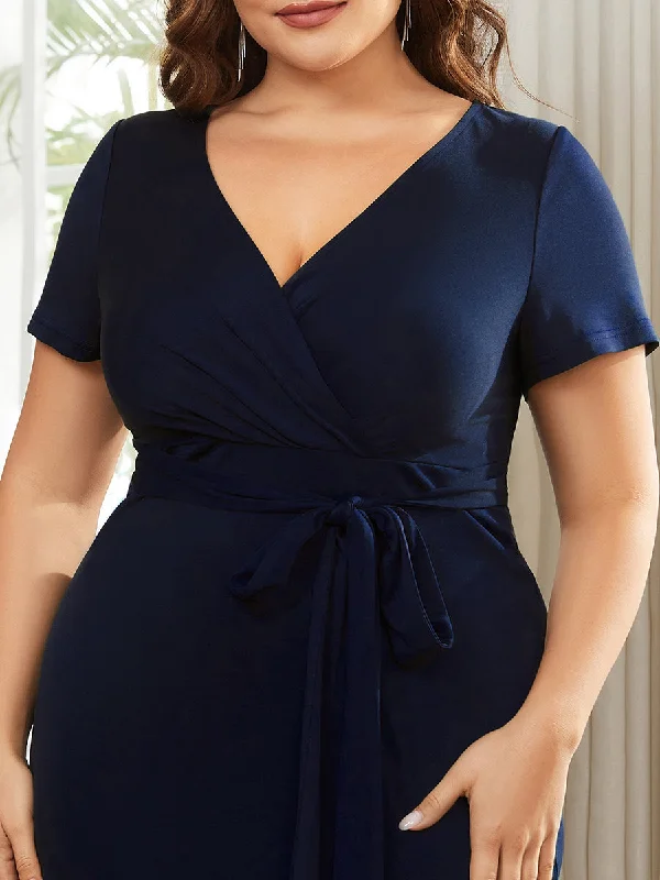 Plus Size Deep V Neck Short Sleeve Wholesale Cocktail Dresses With Belt