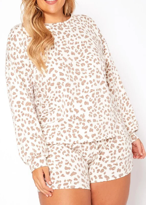 HI Curvy Plus Size Women Nude Leopard Print Two Piece Set