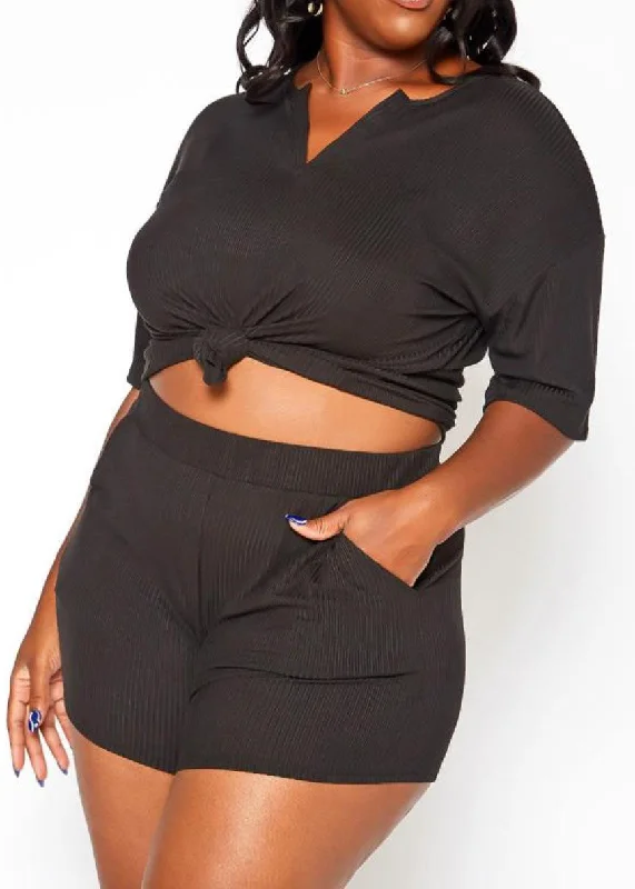 HI Curvy Plus Size Women Ribbed Casual T Shirt & Shorts Set With Pockets