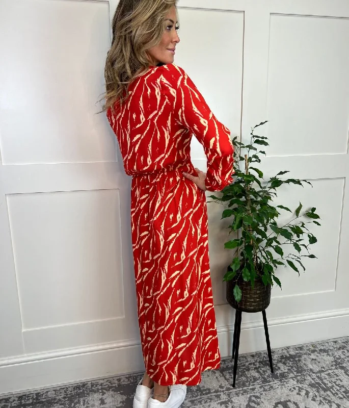 Red Tie Waist Midi Dress