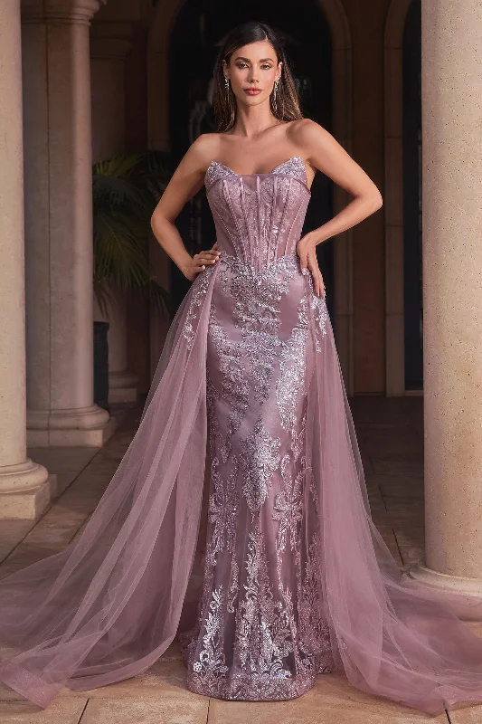 Strapless Glitter Print Overskirt Gown by Ladivine J858