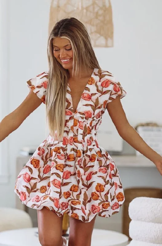 Fall Into Me Floral Dress - Cream Pink and Orange