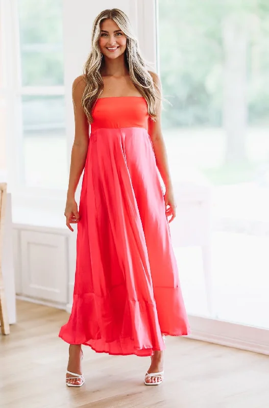 Got The Invite Satin Maxi Dress - Pink and Red