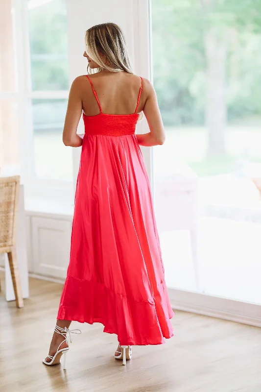 Got The Invite Satin Maxi Dress - Pink and Red