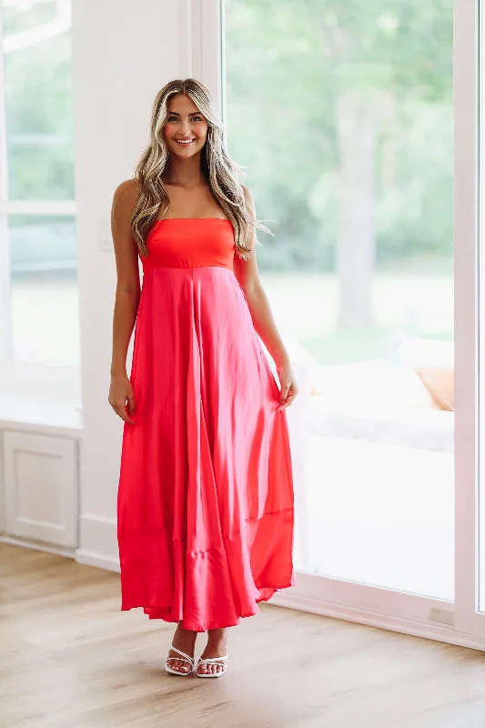 Got The Invite Satin Maxi Dress - Pink and Red